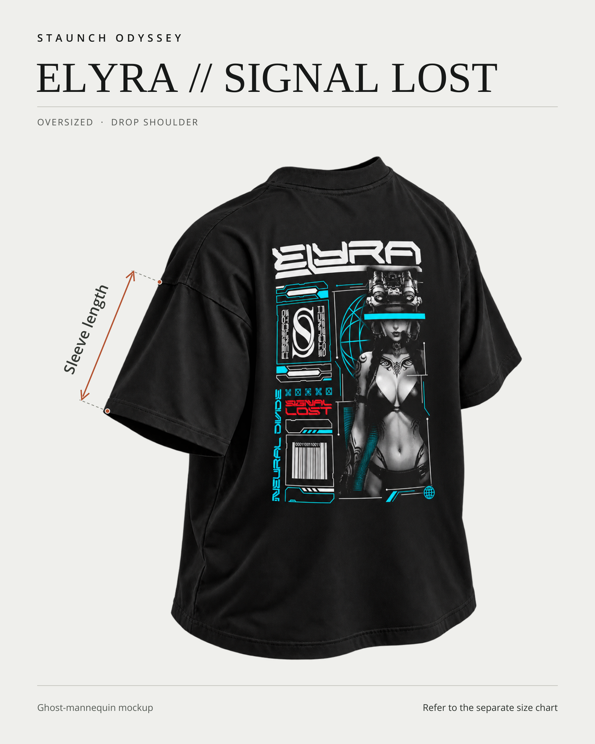 ELYRA // SIGNAL LOST rear ghost-mannequin fit diagram showing sleeve length measurement locations.