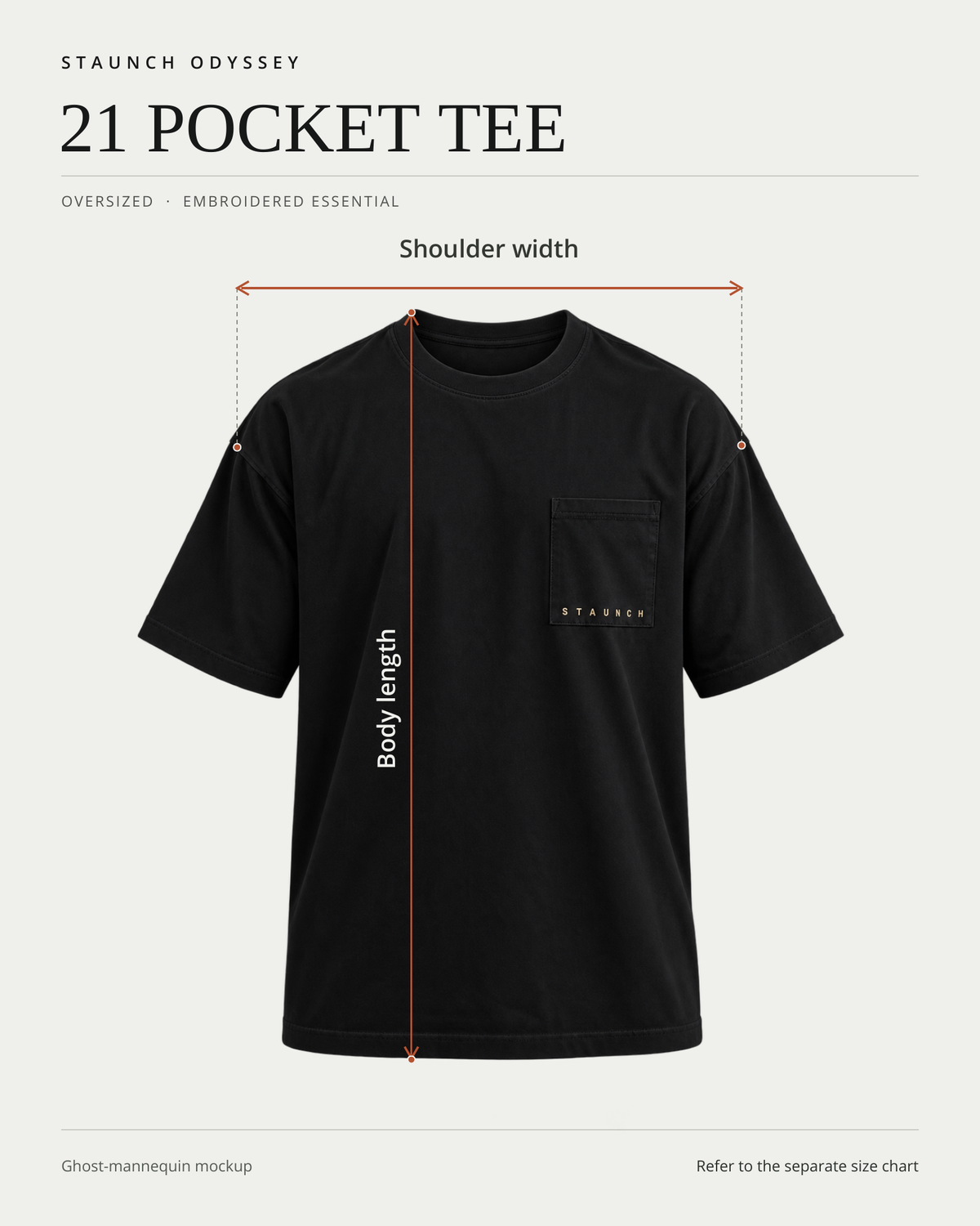 21 Pocket Tee front ghost-mannequin fit diagram showing shoulder width and body length measurement locations.