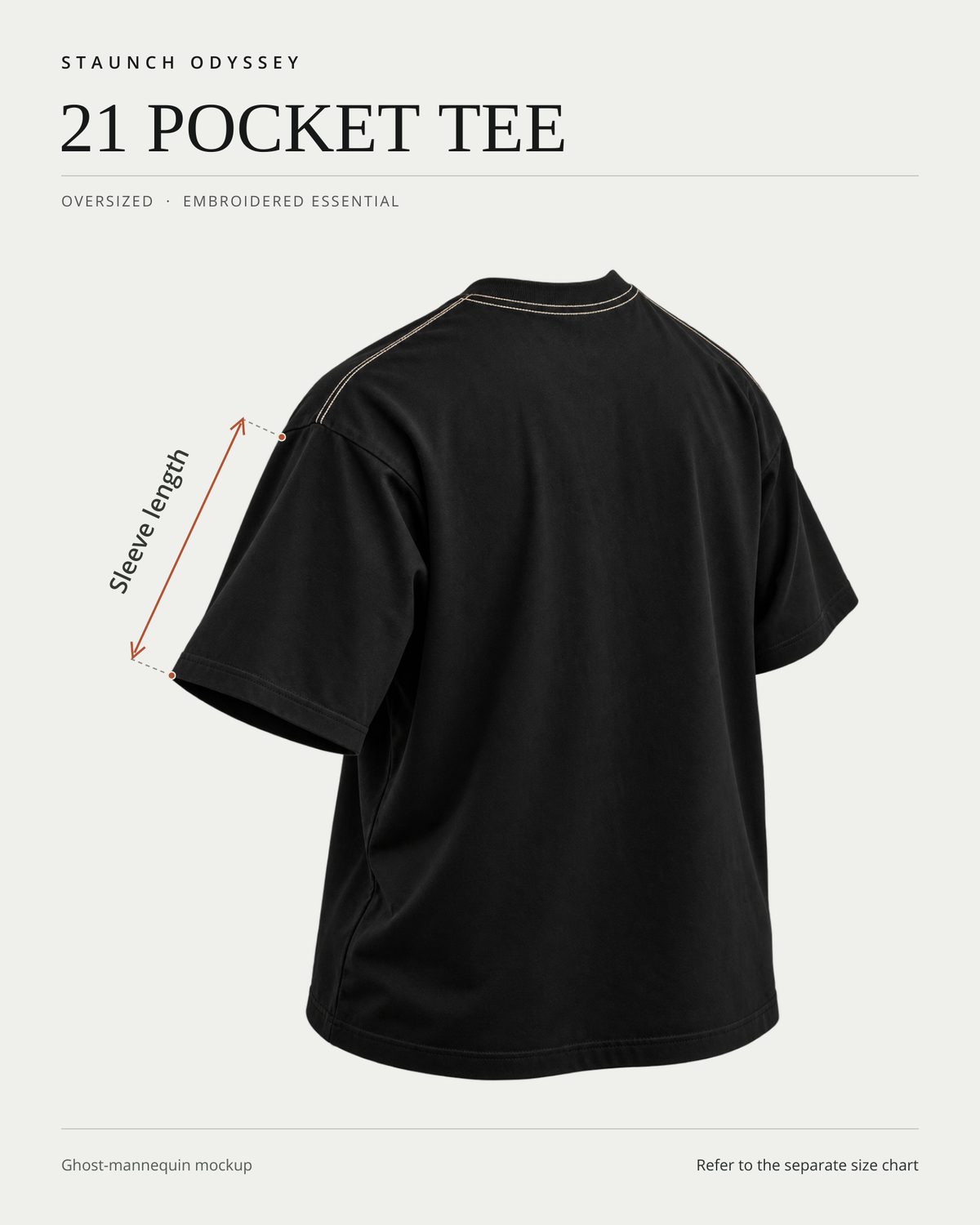 21 Pocket Tee rear ghost-mannequin fit diagram showing sleeve length measurement locations.