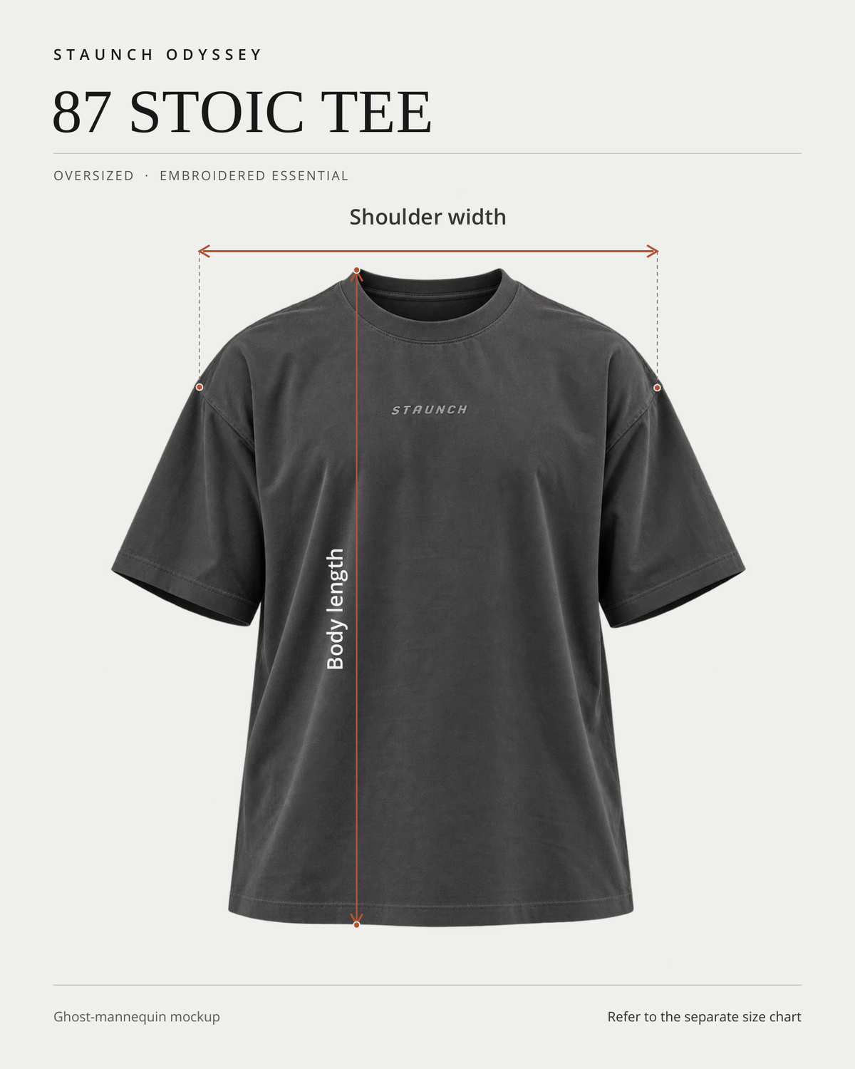 87 Stoic Tee front ghost-mannequin fit diagram showing shoulder width and body length measurement locations.