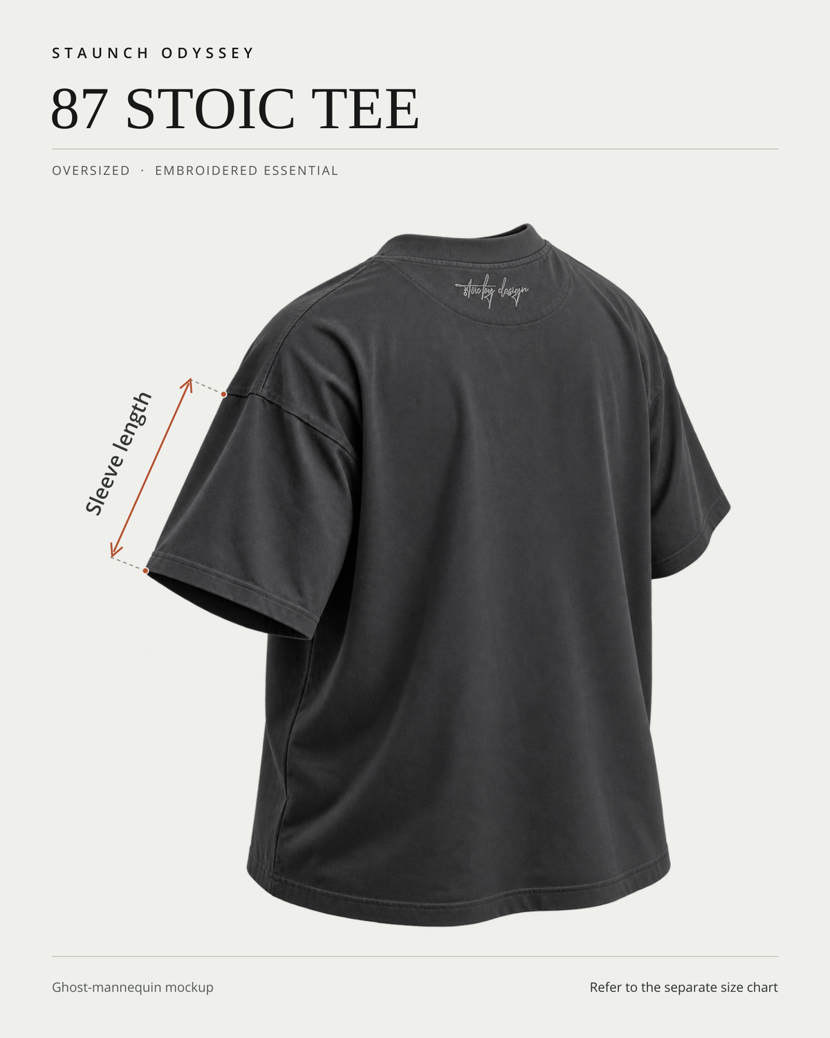 87 Stoic Tee rear ghost-mannequin fit diagram showing sleeve length measurement locations.