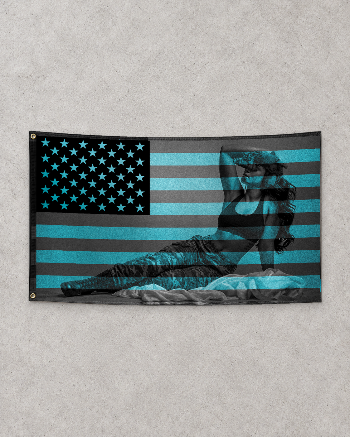 Clothed Lady Liberty flag hanging on a textured wall