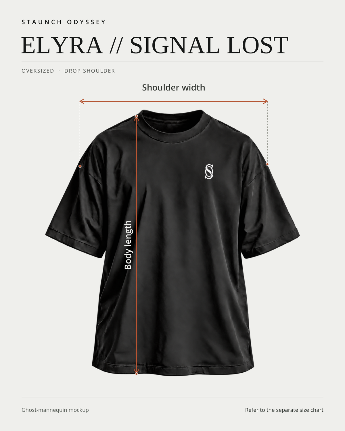ELYRA // SIGNAL LOST front ghost-mannequin fit diagram showing shoulder width and body length measurement locations.