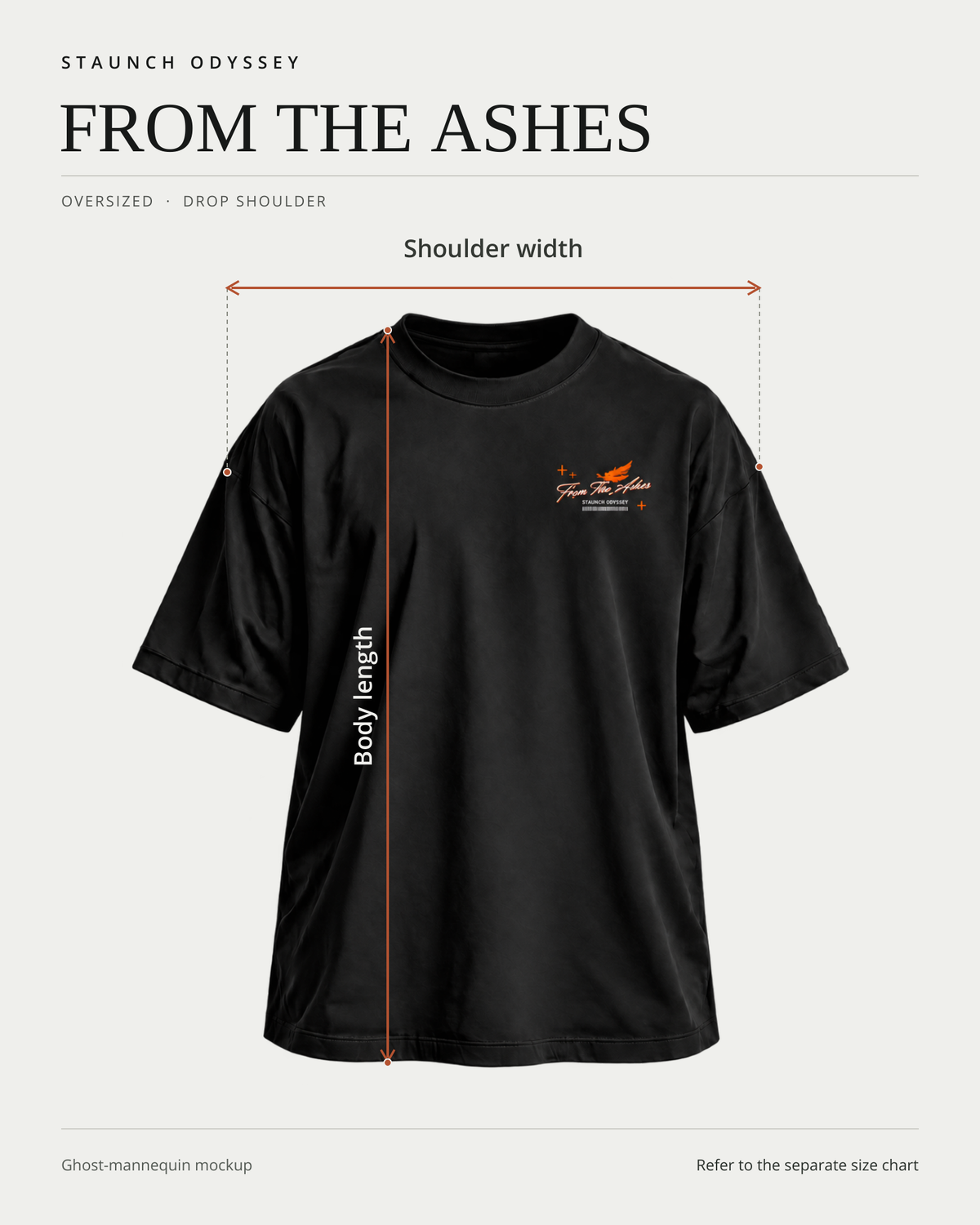From the Ashes tee front fit diagram showing shoulder width and body length measurement locations.