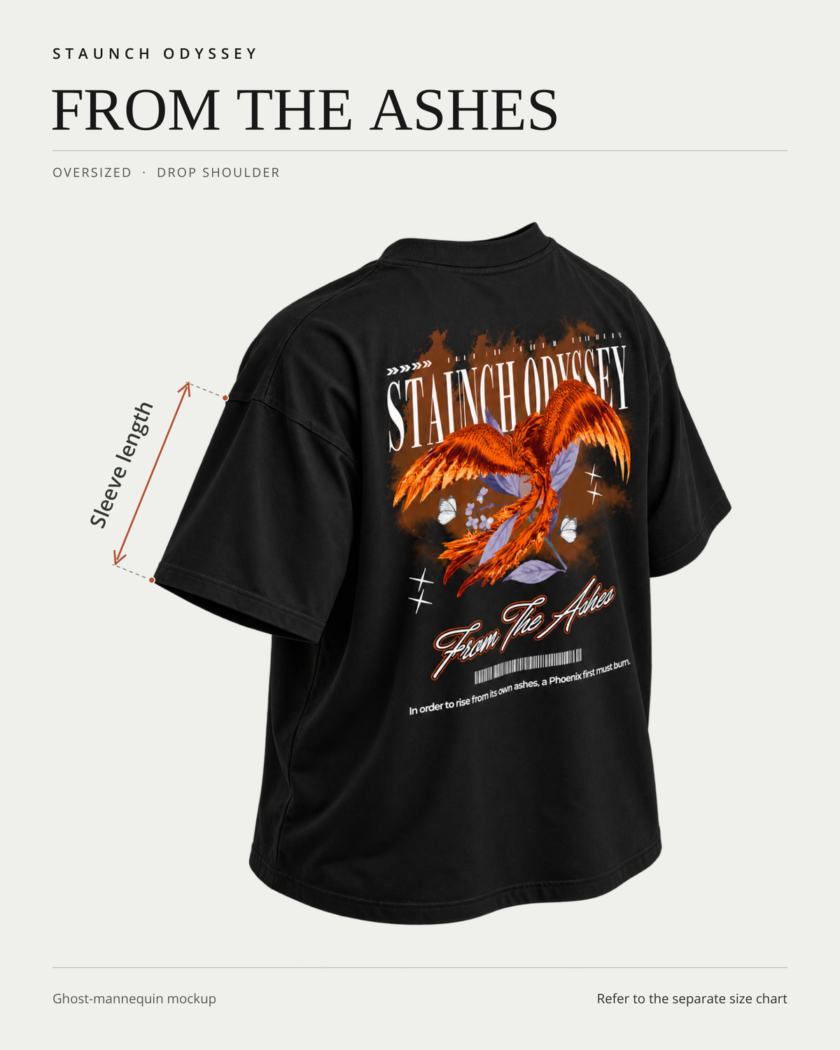 From the Ashes tee rear ghost-mannequin fit view showing sleeve length measurement location.