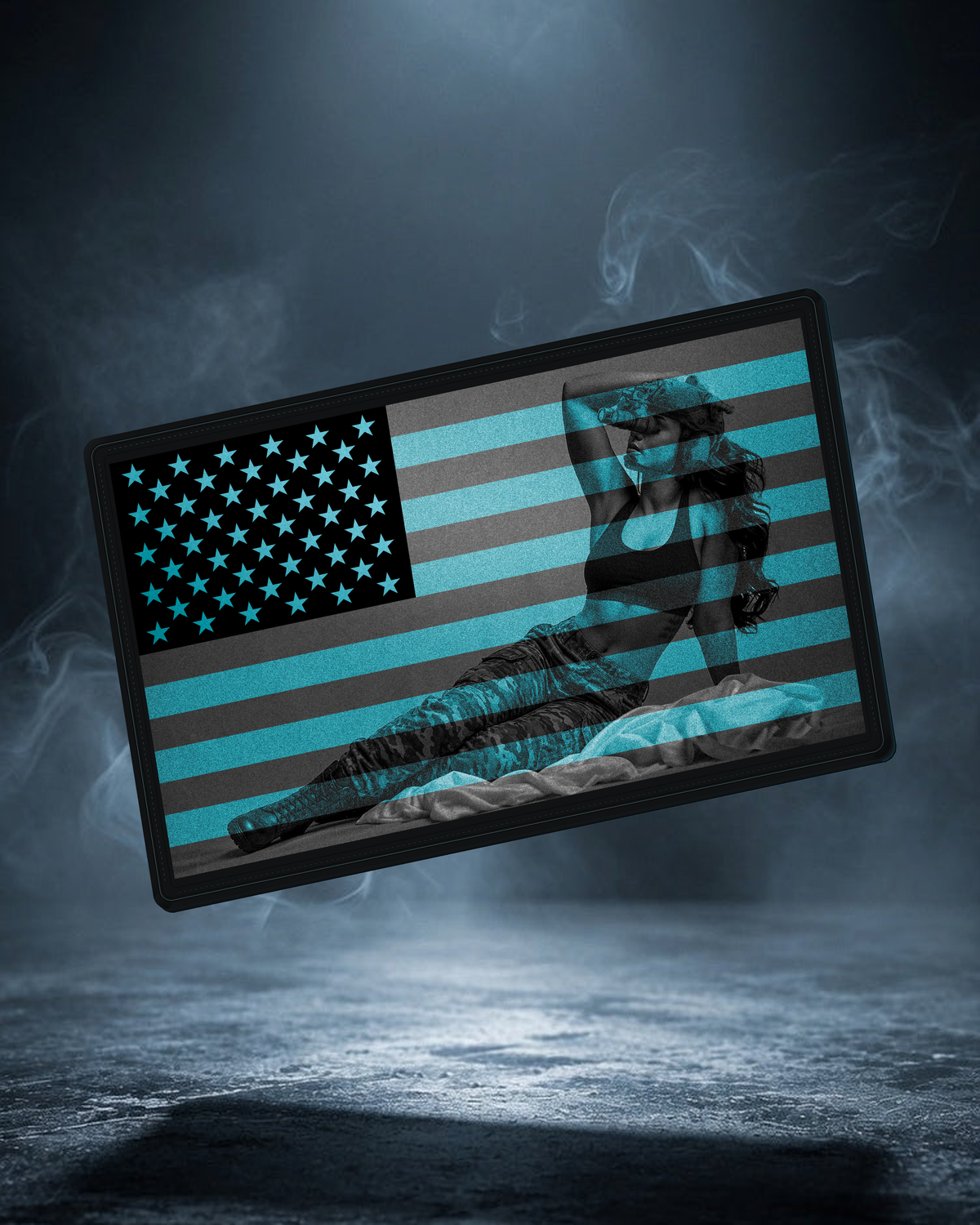 Lady Liberty STANDARD clothed PVC patch floating in cinematic smoke, high-resolution mockup
