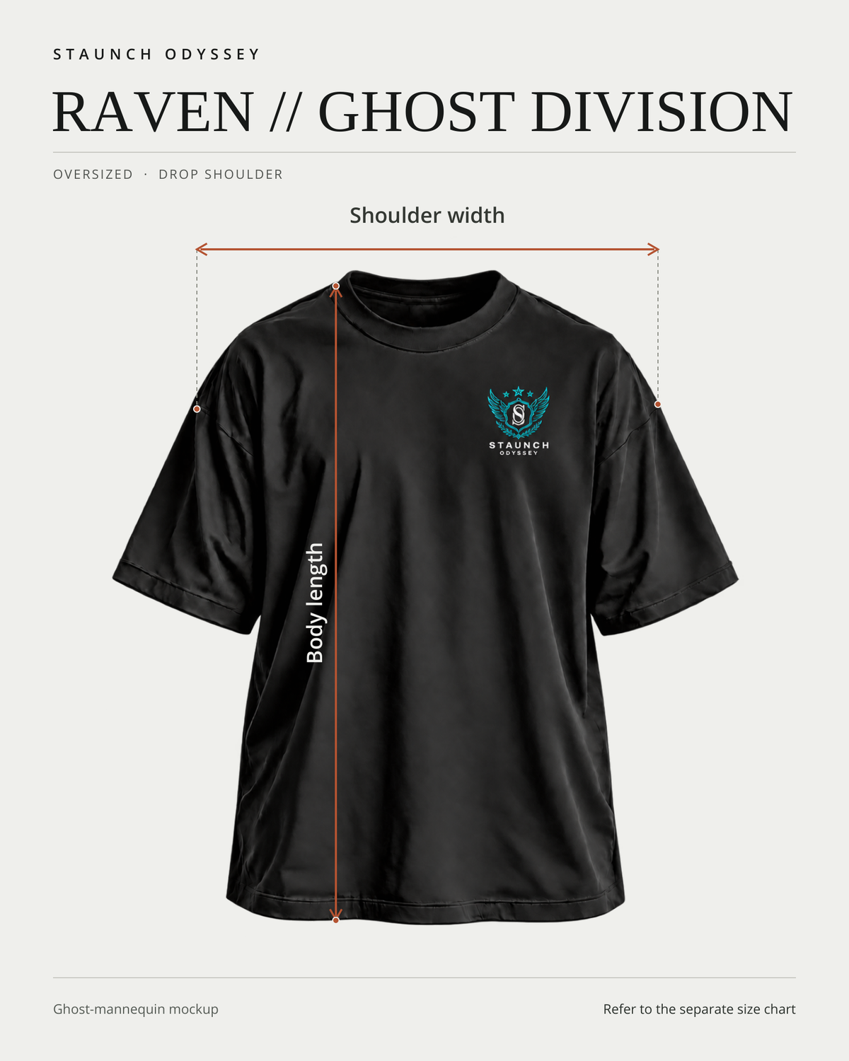 RAVEN // GHOST DIVISION front ghost-mannequin fit diagram showing shoulder width and body length measurement locations.