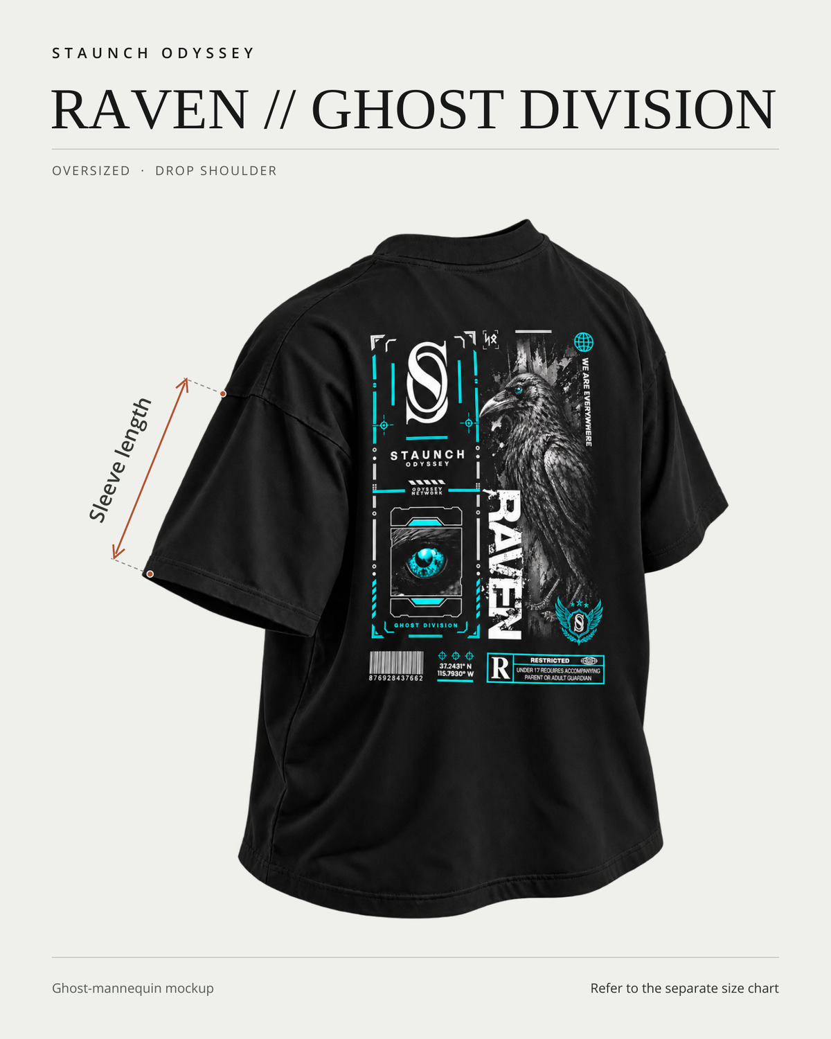 RAVEN // GHOST DIVISION rear ghost-mannequin fit diagram showing sleeve length measurement locations.