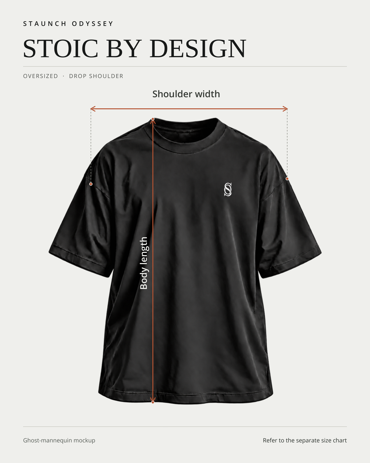 Stoic By Design front ghost-mannequin fit diagram showing shoulder width and body length measurement locations.