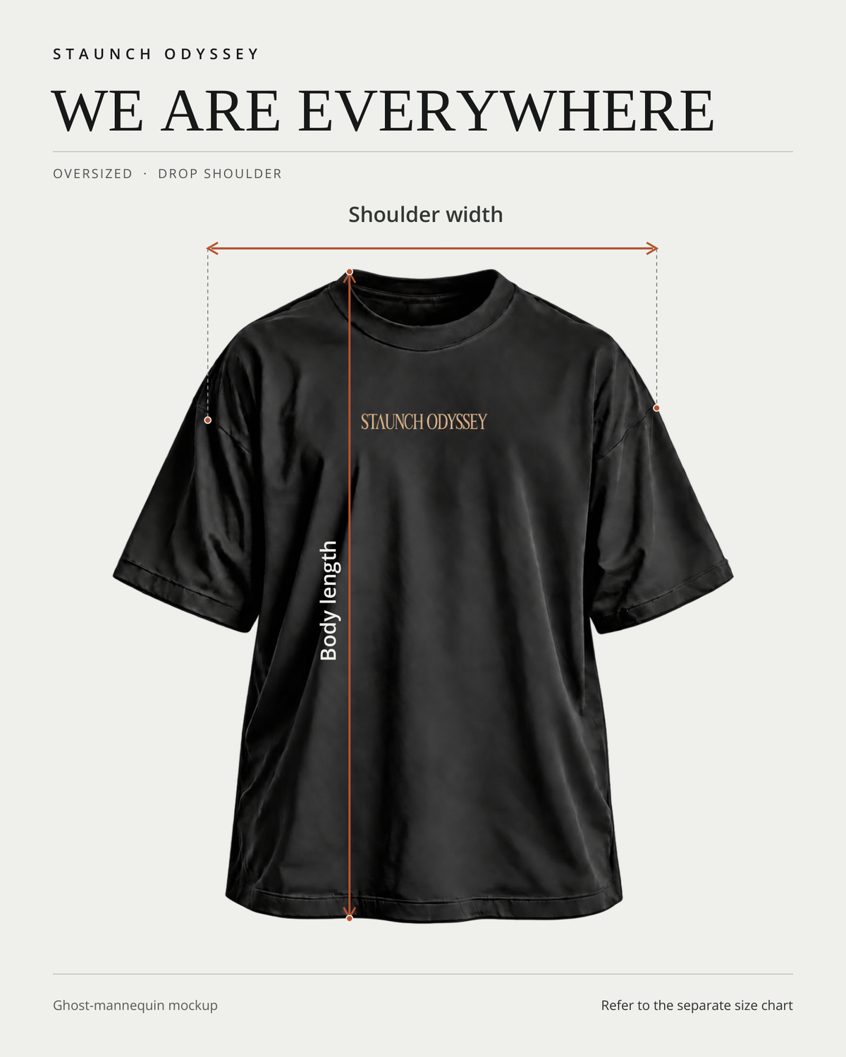 "We Are Everywhere" front ghost-mannequin fit diagram showing shoulder width and body length measurement locations.